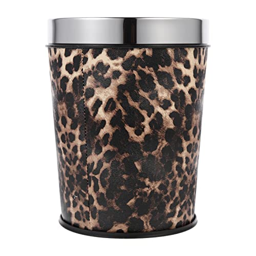 Operitacx Open Trash Can Leopard Pattern Garbage Basket Round Garbage Bin Vintage Paper Waste Container Trash Container for Home Office Living Room 5L