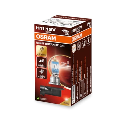 OSRAM NIGHT BREAKER 220, H11, +220% di luminosità in più, lampada faro alogena, 64211NB220, scatola pieghevole (1 lampada)