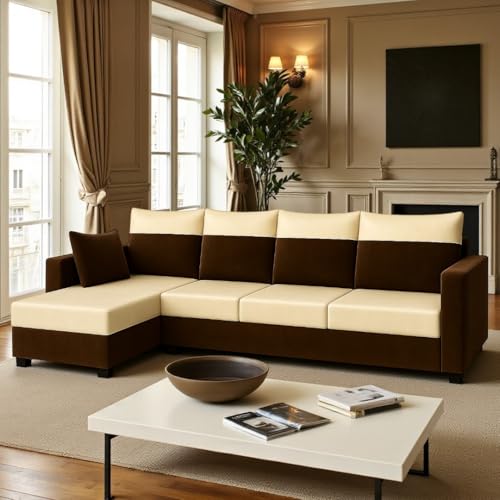 Image of FURNY Arissa 6 Seater Fabric LHS L Shape Sofa Set (Cream-Dark Brown) Premium Velvet Finish | Durable Comfort | Ideal for Living Room