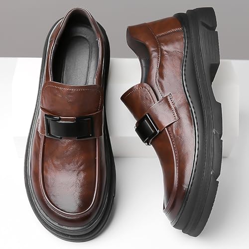 Image of Men's Leather Round Toe Platform Slip-On Oxford Shoes,Fashion Metal Decoration Business Loafers Casual Formal Work Driving Shoes