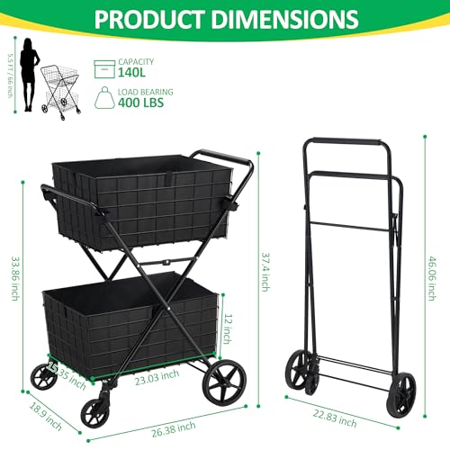 Spurgehom 2-Tier Shopping Cart for Groceries Folding Grocery Cart On Wheels with Removable Double Baskets 360° Rolling Utility Cart with Oxford Cloth Liner, Black