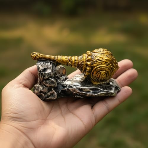 Image of Bajrangbali Gada Showpiece for Home Temple, Car Dashboard & Office Desk | Golden Hanuman Gada Resin Statue with Stone Base | Spiritual Table Decor Gift (9 x 4 x 5 cm)