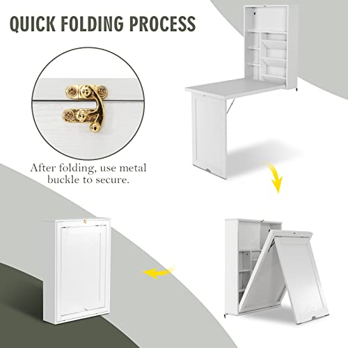 Nightcore Wall Mounted Table W/Classified Storage Space, Foldable Multiple-Purpose Desk, Sturdy Wood Structure, Floating Convertible Desk/Cabinet For Apartment, Narrow Place And Limited Room (White) #TOP6