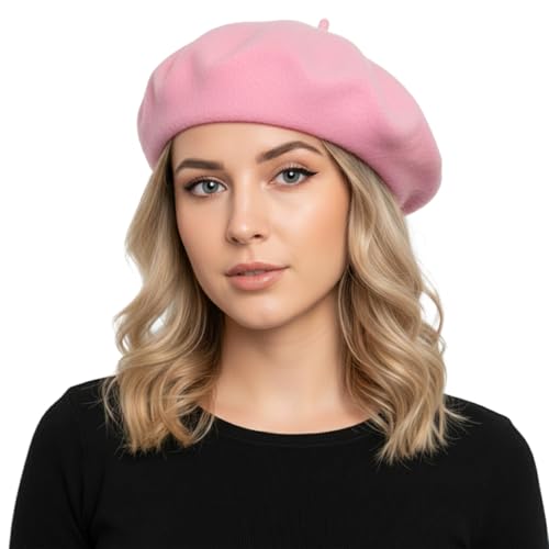 TopTie Wool Beret for Women French Style Artist Hat Solid Color Basque Beanie Cap-Pink