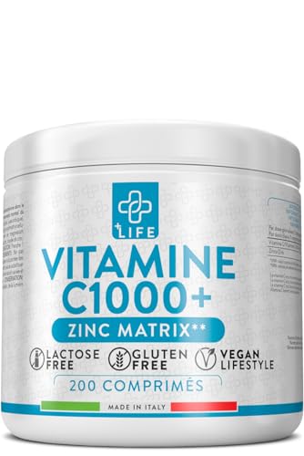 Vitamine C 1000mg Zinc 200 Comprimés PiùLife, Supplément Acide Ascorbique Pure, Antioxydant, Defense Immunitaire Adulte, Vitamine C Zinc Vitamine Boost Énergie Puissant Vit C
