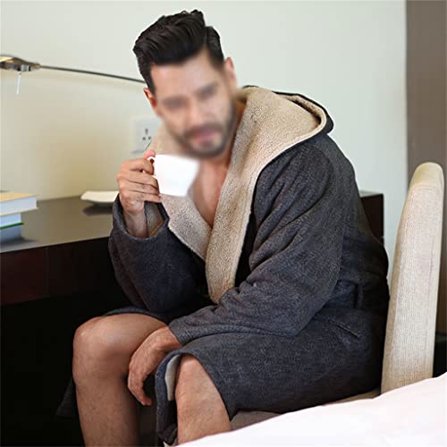 JATDHY Dark Gray Cashmere Winter Bathrobe Men's Flannel Hooded Tie Men's Thick Warm4