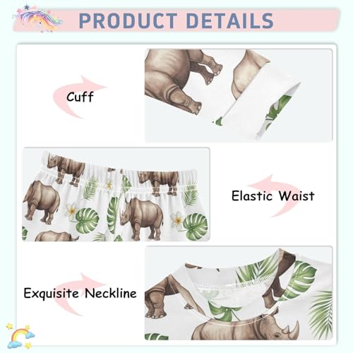 Pajama Sets Long Sleeve Rhino Leaves Flowers Pattern Soft Comfy Sleepwear 2 Piece PJS 3-8T4