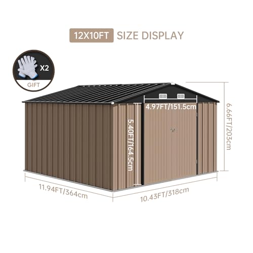 12x10 Ft Outdoor Storage Shed, Large Steel Multipurpose Yard Shed, Metal Outdoor Tool Shed with Sloped Roof and Door Lock Design for Organizing Tools & Equipment in Yard, Garden, Brown
