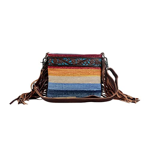 Myra Bag Etched Rainbow Hand-Tooled Bag Upcycled Cotton & Leather S-3077