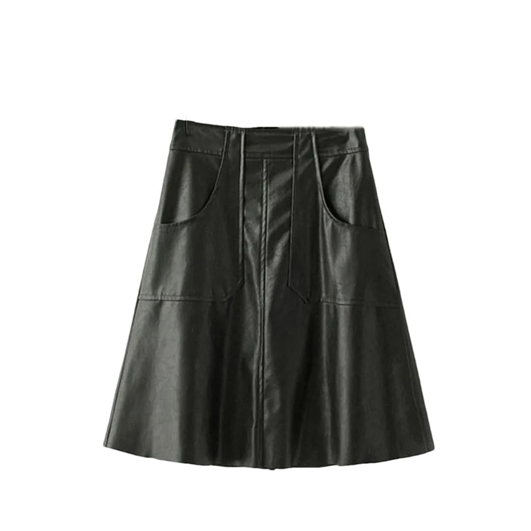 Suwequest Herbst A-Linie Midi PU Leder Röcke Hohe Taille Taschen Ausgestellt Knielang Schwarz Kunstleder Röcke