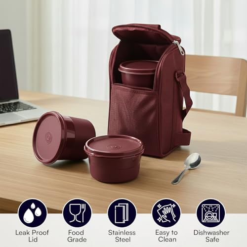 Image of PRESCO Insulated Lunch Box Set (3 Microwave Safe Inner Steel Containers,600 /450 /290ml; with Steel Spoon) with Insulated Fabric Bag, Lunch Box for Office Use, Leak Proof, Tiffin Box for Men