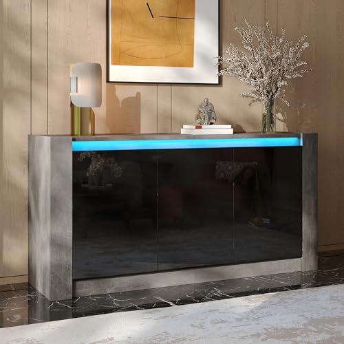 Ymkua Sideboard, Buffetschrank, Kommode mit LED und 3 Schubkästen, LED-Vitrine, Wohnzimmerschrank, Standschrank, TV-Schrank, Anrichte Esszimmer für Schlafzimmer und Wohnzimmer, 150x40x75 cm (Schwarz)