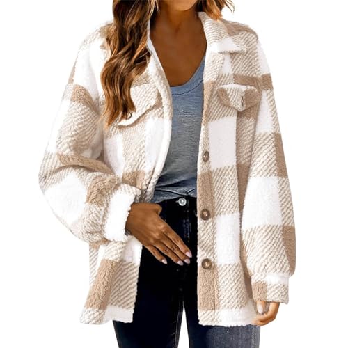 Women's Fuzzy Fleece Plaid Jacket Casual Loose Plus Size Button Down Sherpa Shacket Warm Winter Shearling Coat2