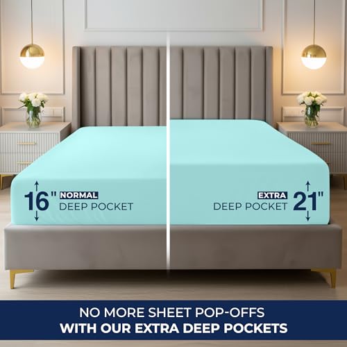 Image of Utopia Bedding King Deep Pocket Fitted Sheet - Extra Deep Pocket - Fits up to 21 Inch Mattress - Hotel Luxury - Soft, Breathable and Comfy - Shrinkage and Fade Resistant - Easy Care - (Spa Blue)