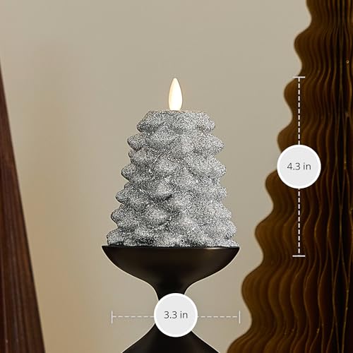 Image of Luminara Brilliant Silver Glitter Flameless LED Candle North Tree Moving Flame Pillar (3.3 inch x 4.3 inch)