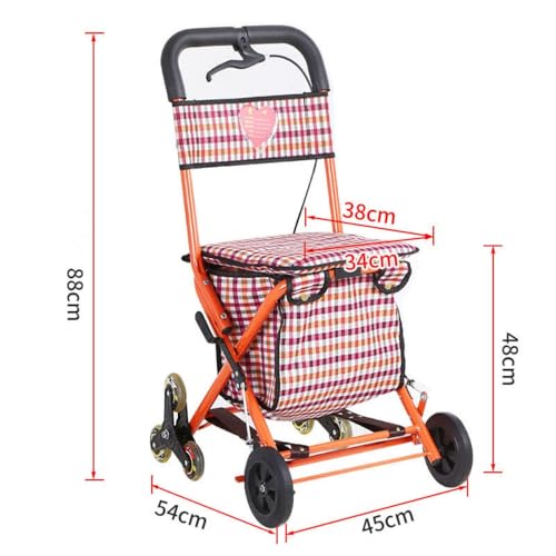 TVTKE高齢者用トロリー、四輪食料品ショッピング、手押しショッピングカート、軽量、座席付き、強化設計、高さ調節可能、ダブルブレーキラインブレーキ設計、大容量、座席付き、ラオールウォーカー (オレンジ-B)