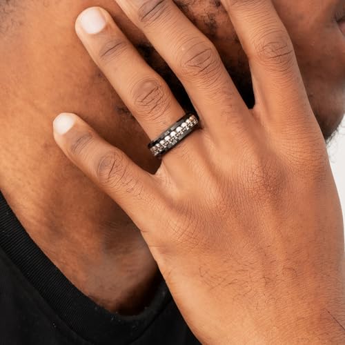 NUNCAD Personalized Mens Rings Sterling Silver Skull Inlay Black/Silver Tungsten Carbide Band 8mm Gothic Demon Skeleton Engraved Band Viking Jewelry Gift Comfort Fit Size 8-133