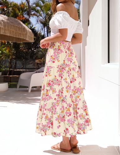 Image of ZESICA Women's 2026 Summer Bohemian Floral Printed Elastic Waist A Line Maxi Skirt with Pockets