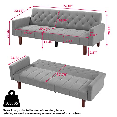 Mikibama Tufted Linen Futon Sofa Couch Bed For Living Room Convertible Fabric Upholstered Sleeper Futon Sofa Guest Bed Twin Size With Solid Wood Legs For Apartment Small Spaces (Grey) #TOP1