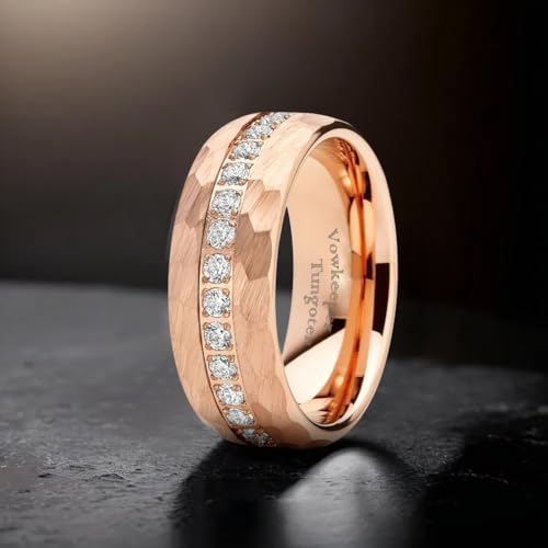 8mm Titanium Men's Wedding Ring - Silver/Black/Gold/Rose Gold, Diamond Inlay, Hammered Design, Lightweight Comfort Fit Sizes 8-132