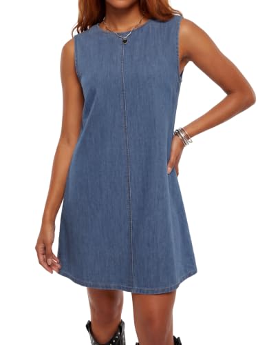 Image of KIFOVEN Women's Crew Neck Sleeveless A Line Casual Mini Denim Dress
