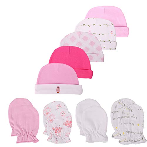Image of Newborn Baby Soft Cotton Organic Cap and Mitten Set Sunny Hatsfor Hospital Baby Boy and Girl(0-6 Months)