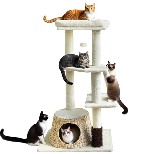 43.6” Rattan Cat Tree Tower with Woven Cat House - Multi-Level Condo & Scratching Posts - Sisal Poles, Grooming Brush, Plush Perch & Dangling Toy, Stylish Cat Furniture for Indoor Cats