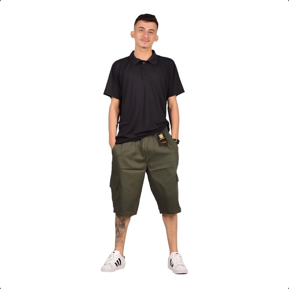 Bermuda Cargo Unissex Skate Casual Larga 6 Bolsos Masculina Laterais 100% Sarja (BR, Alfa, Único, Regular, Regular, G2, Verde Musgo)