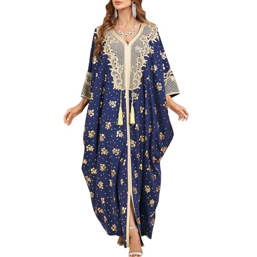 Image of OBEEII Muslim Dress for Women Loose Batwing Sleeved Hooded Beaded Embroidery Long Abaya Dress Kaftan Abayas Islamic Robe