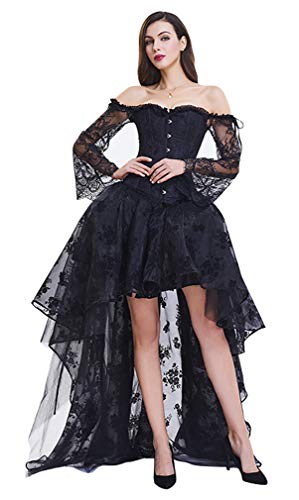 Kimring Women's Steampunk Victorian Off Shoulder Embroidery Long Sleeves Corset Top With High Low Skirt Set Black X-Large #TOP2