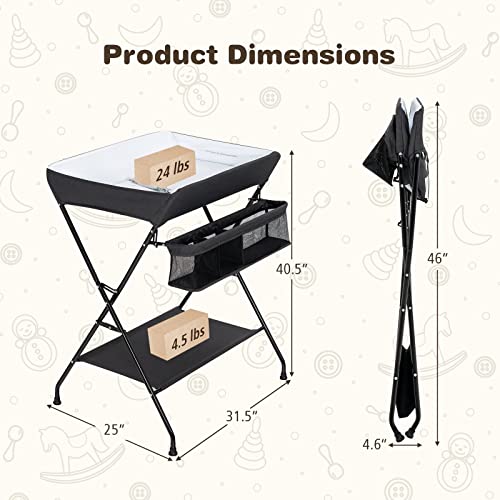 Image of GLACER Baby Changing Table, Portable Diaper Changing Station with Large Storage Basket & Shelf, Waterproof Surface, Non Slip Foot Covers, Mobile Foldable Nursery Organizer for Infant (Black)