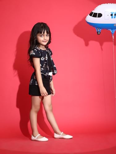 Image of Dear Me Girls Floral Printed Rayon and Lycra Shift Black Colour Dress with Belt for Girls