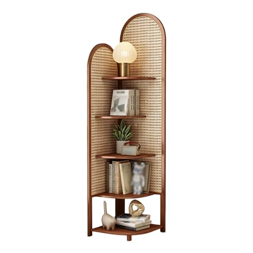 Estante esquinero de 5 niveles, organizador de ratán con diseño de ventilador de 90°, pantalla independiente para dormitorio, sala de estar, oficina