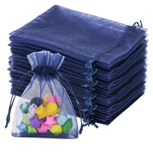 jijAcraft Lot de 100 petits sachets en organza bleu marine - 7 x 9 cm - Sachets cadeaux avec cordon de serrage transparent - Pour bijoux de mariage - À...