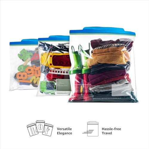Image of Amazon Basics - Multipurpose Zip Lock Storage Bags | 15 Bags | Assorted Sizes, 5 Each - S, M, L | Material Plastic | Reusable and Reclosable with Double Zipper