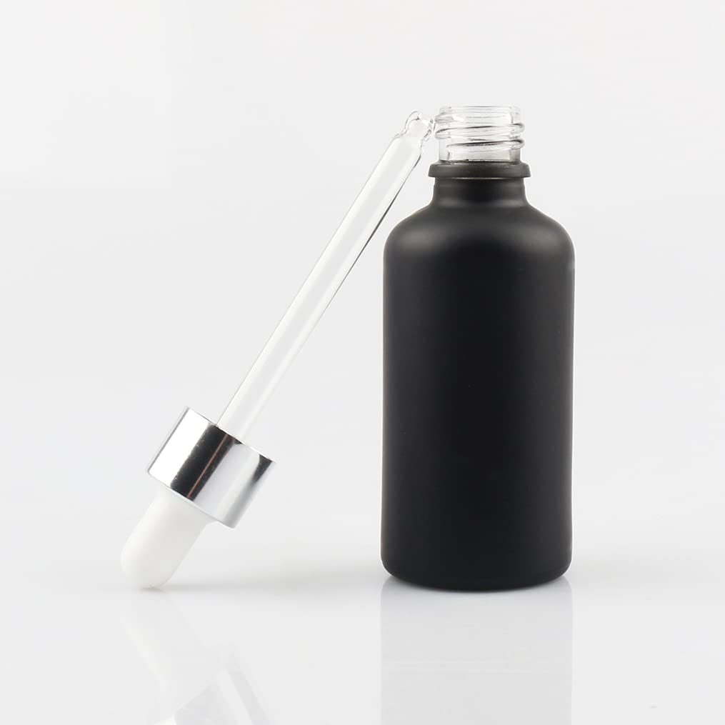 24 Pieza,Botella de Aceite Esencial Negro mate de 50 Ml, Botellas de Cristal con anillo de Plata y pipeta, para Aceite Esencial, Masaje,Fragancia, Aromaterapia