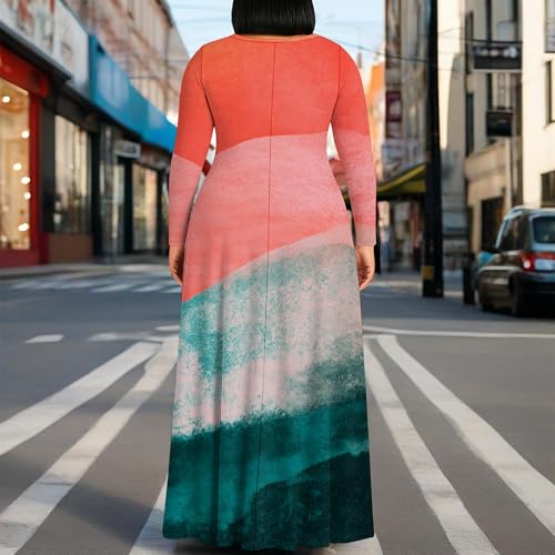 Image of PinkPatty Plus Size Maxi Dress for Curvy Women Crew Neck Long Sleeves Casual Dress Vacation Sundresses with Pockets