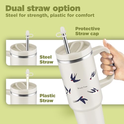 Image of MILTON Malmo 1200 Thermosteel Double Wall Vacuum Insulated Stainless Steel Tumbler with Handle 1100ml, Travel Mug with Straw,Silicon Cap,Cleaning Brush,Hot & Cold Beverage Flask,Birds Cream