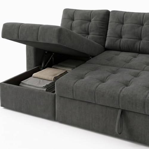 Image of CASASTYLE Sumur 4 Seater LHS L Shape Sofa with Pull Out Bed & Storage Lounger | Premium Soft Velvet Suede Fabric | Comfort Cushions | Ideal for Living Room, Hotel & Office (Dark Grey)