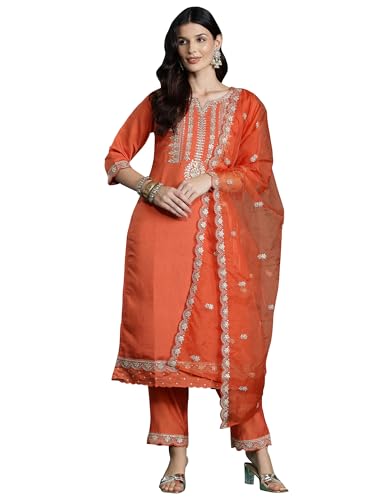 Image of INDO ERA Women's Silk Blend Embroidered Straight Kurta with Pant & Dupatta
