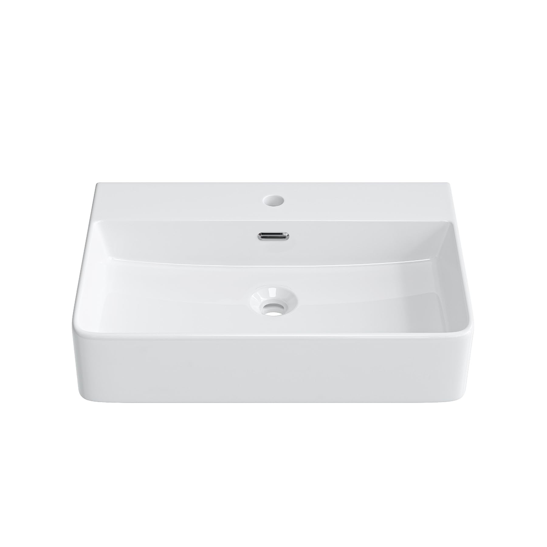 Lavabo de baño de 60 cm de ancho, lavabo superior con orificio para grifo y rebosadero, cuadrado, montado en la pared o en la pared, sin grifo