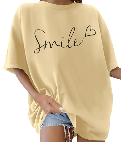 heekpek Camisetas Manga Corta Mujer Talla Grande Algodon Cuello Redondo Estampada Camiseta Mujer Verano Casual Oversize Camisetas T-Shirt Mujer, Caqui, XL