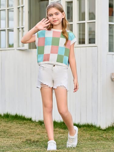 Image of Haloumoning Girls Summer Crop Tops Color Block Vest Cute Tanks Cap Sleeve Tee Loose Kids Knit Top 5-14 Years