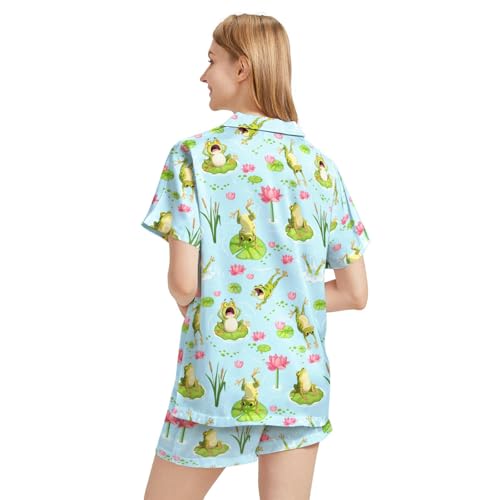 Image of Funny Pajamas for Women Set Print Satin Loungewear Pjs Short Sleeve Button Down Top and Shorts Sets Sleepwear XS-3XL