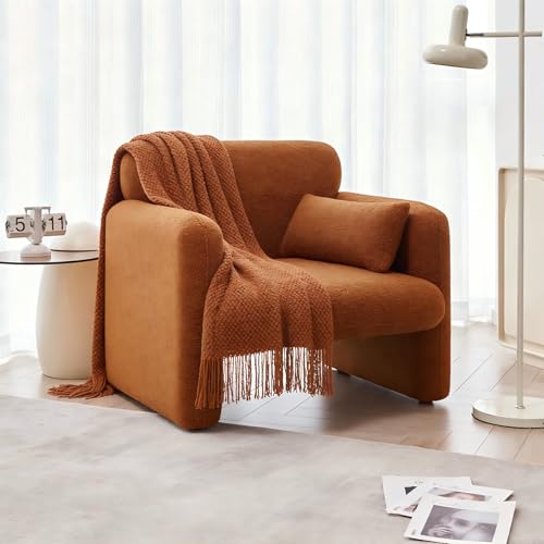 VASOENY 33.86 Inch Velvet Single Sofa for Living Room,Accent Chair for Small Spaces, Modern Upholstered Armchair with Lumbar Pillow,Comfy Reading Chair for Bedroom, (300lbs Capacity),Caramel