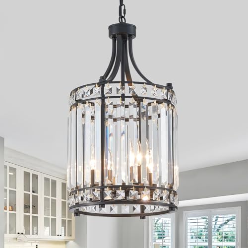 Majhoiw Lantern Crystal Chandeliers for Dining Room, Black 4 Light
