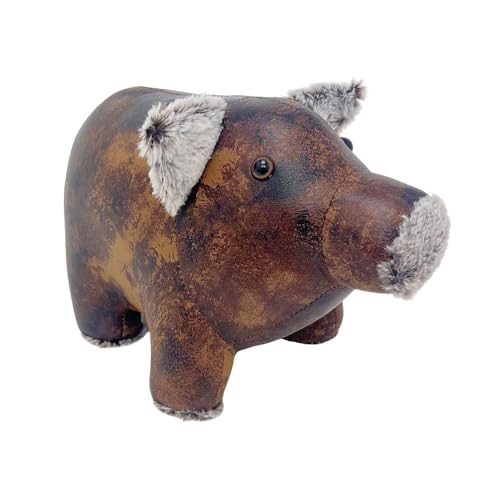 Image of Cecil Pig Door Stop, 20cm Brown Faux Leather Animal Doorstop, Novelty Indoor Hog Shaped Weighted Stopper - 1.8kg