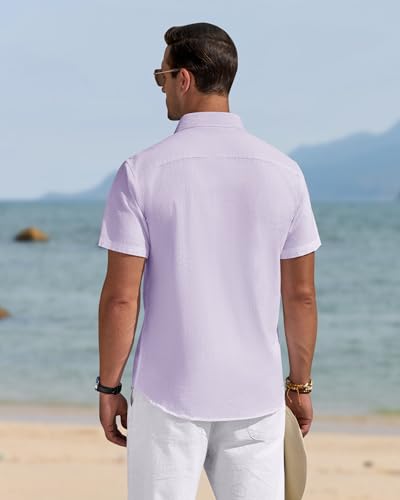 Image of J.VER Mens Linen Shirt Short Sleeve Button Down Casual Summer Shirts | Cotton Linen, Untucked, Big Tall, from Beach Camp Vacation, Cruise Fishing, Work Office, to Wedding Party Family, with Pocket