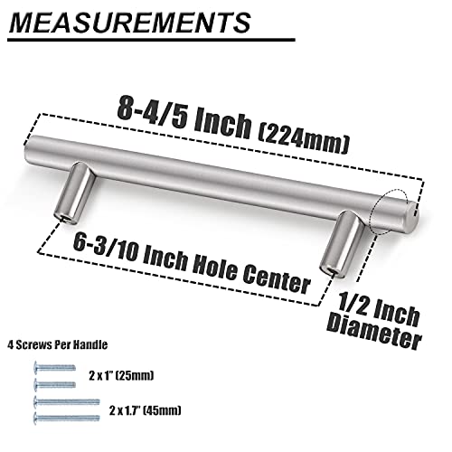 Image of Probrico 12 Pack Cabinet Pulls Round T Bar Drawer Handles for Cabinet Kitchen Cupboard, Brushed Nickel Stainless Steel Dresser Handles Cabinet Handles, 6.3 inch Hole Center