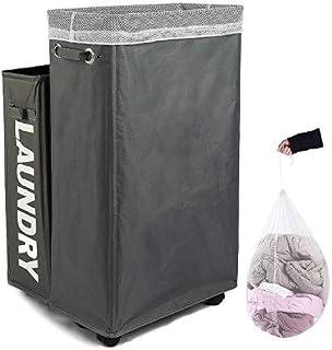 Amazon Brand  Eono Laundry Basket, 70CM Large Laundry Basket Tall and Slim, Laundry Basket with Lid Mesh, Easy Transport Laundry Basket on Wheels Flexible Working, Collapsible Laundry Basket (Grey)